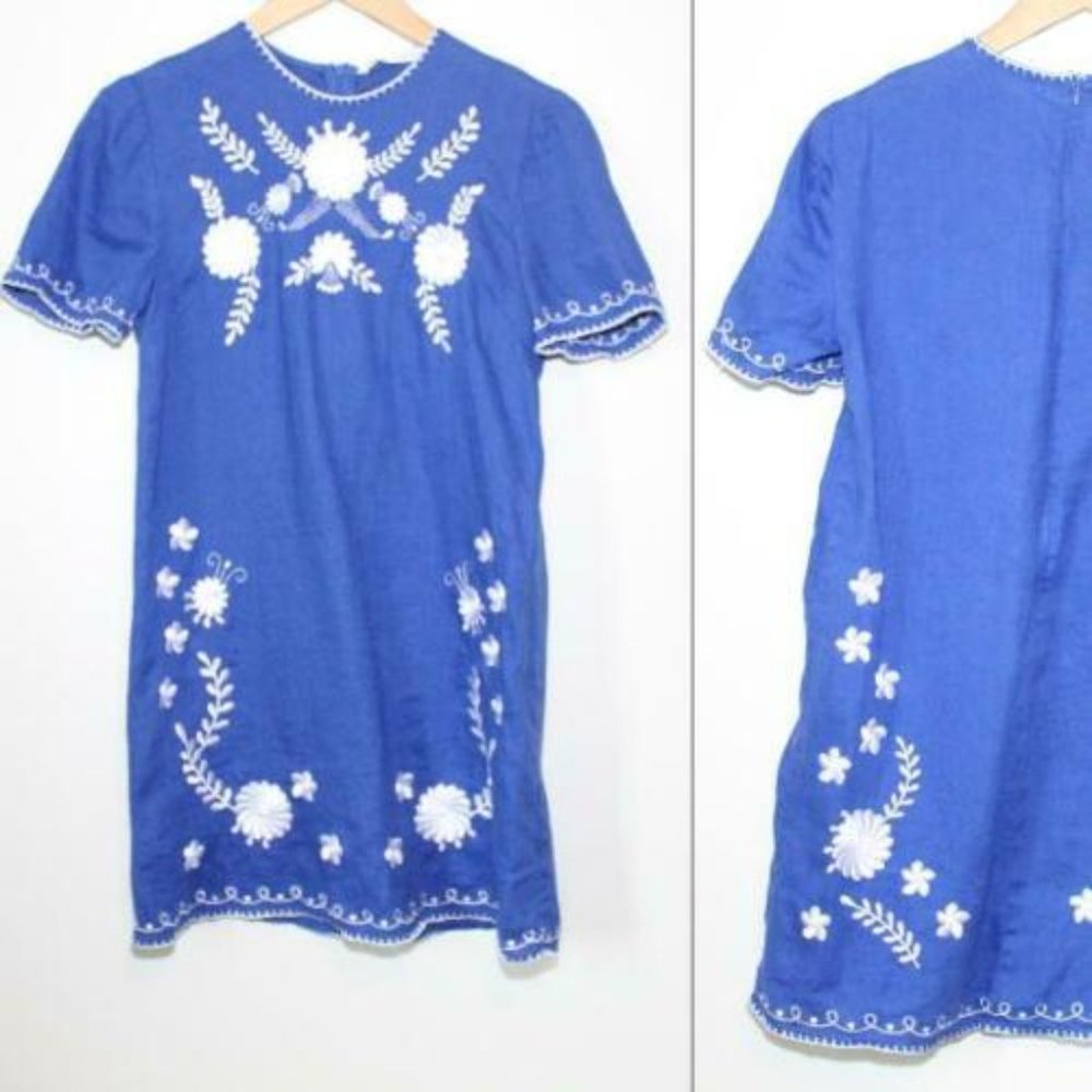 Zara Embroidered Floral Shift Linen Dress Blue White Women's Size Small H12693 - Picture 10 of 11